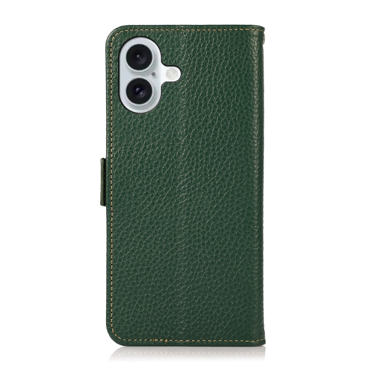 For iPhone 16 Plus KHAZNEH Side-Magnetic Litchi Genuine Leather RFID Case(Green)