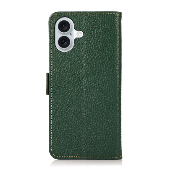 For iPhone 16 Plus KHAZNEH Side-Magnetic Litchi Genuine Leather RFID Case(Green)