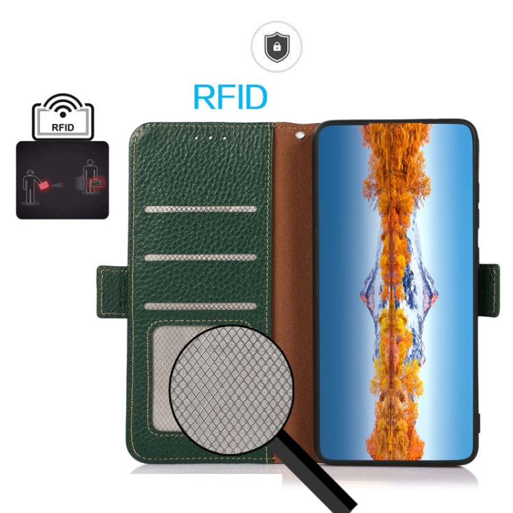 For iPhone 16 Plus KHAZNEH Side-Magnetic Litchi Genuine Leather RFID Case(Green)