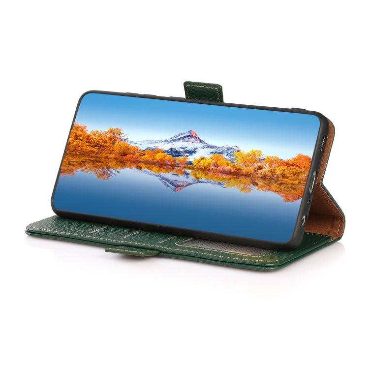 For iPhone 16 Plus KHAZNEH Side-Magnetic Litchi Genuine Leather RFID Case(Green)