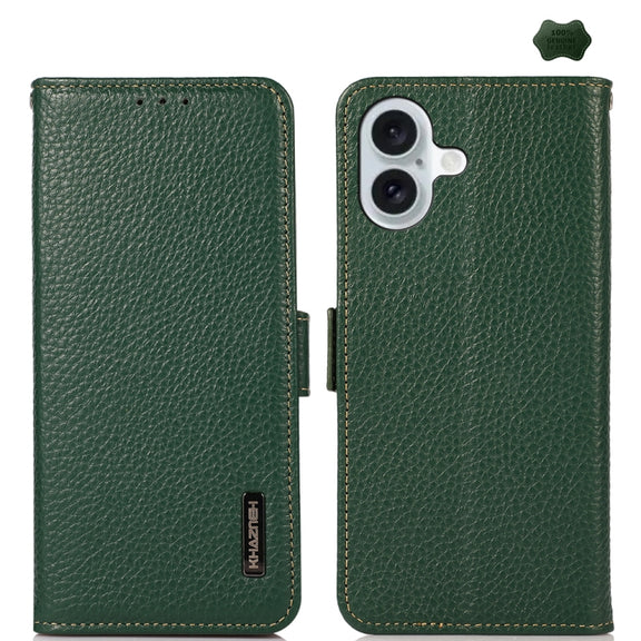 For iPhone 16 Plus KHAZNEH Side-Magnetic Litchi Genuine Leather RFID Case(Green)