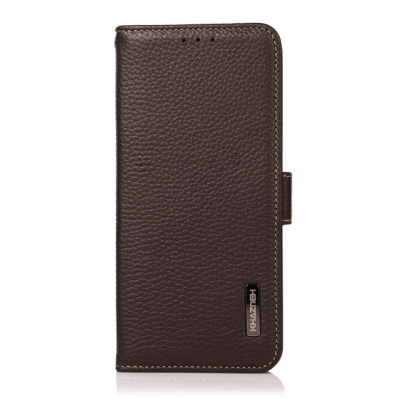 For iPhone 16 Plus KHAZNEH Side-Magnetic Litchi Genuine Leather RFID Case(Brown)