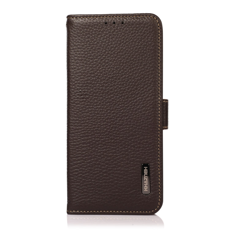 For iPhone 16 Plus KHAZNEH Side-Magnetic Litchi Genuine Leather RFID Case(Brown)