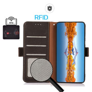 For iPhone 16 Plus KHAZNEH Side-Magnetic Litchi Genuine Leather RFID Case(Brown)