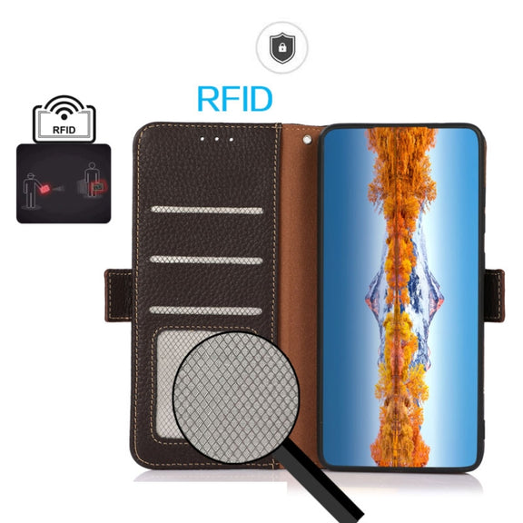 For iPhone 16 Plus KHAZNEH Side-Magnetic Litchi Genuine Leather RFID Case(Brown)