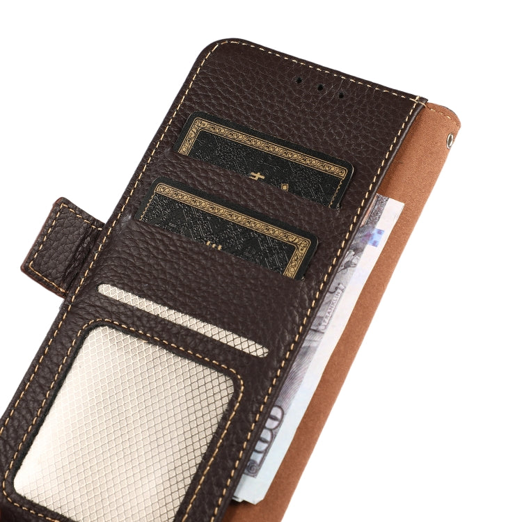 For iPhone 16 Plus KHAZNEH Side-Magnetic Litchi Genuine Leather RFID Case(Brown)