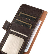 For iPhone 16 Plus KHAZNEH Side-Magnetic Litchi Genuine Leather RFID Case(Brown)