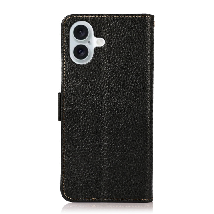 For iPhone 16 KHAZNEH Side-Magnetic Litchi Genuine Leather RFID Case(Black)
