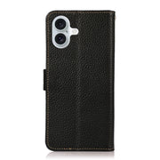 For iPhone 16 KHAZNEH Side-Magnetic Litchi Genuine Leather RFID Case(Black)