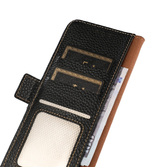 For iPhone 16 KHAZNEH Side-Magnetic Litchi Genuine Leather RFID Case(Black)