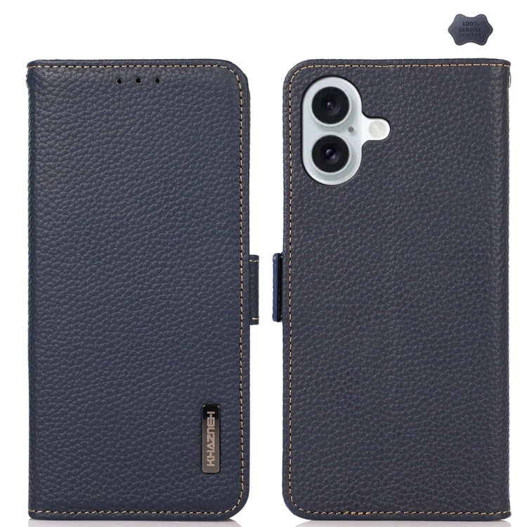For iPhone 16 KHAZNEH Side-Magnetic Litchi Genuine Leather RFID Case(Blue)