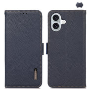 For iPhone 16 KHAZNEH Side-Magnetic Litchi Genuine Leather RFID Case(Blue)