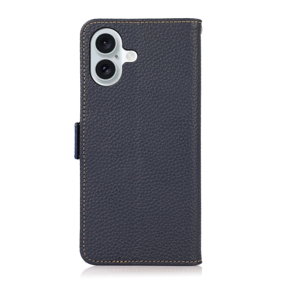 For iPhone 16 KHAZNEH Side-Magnetic Litchi Genuine Leather RFID Case(Blue)