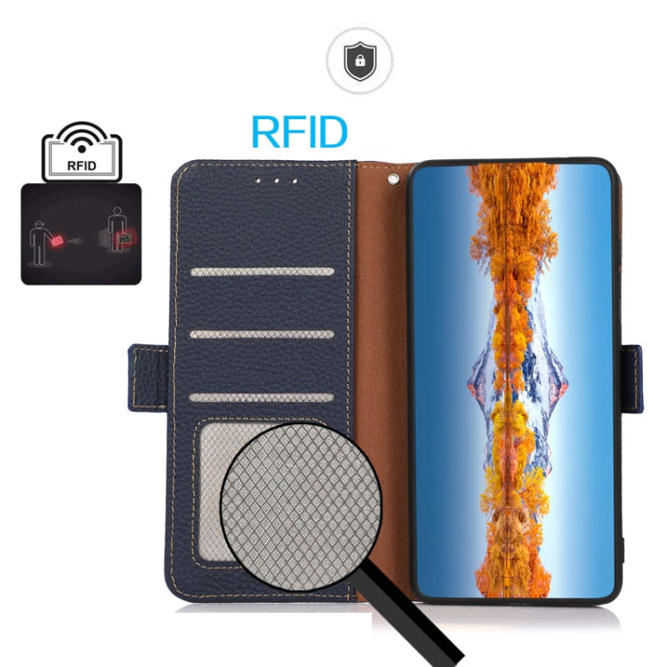 For iPhone 16 KHAZNEH Side-Magnetic Litchi Genuine Leather RFID Case(Blue)