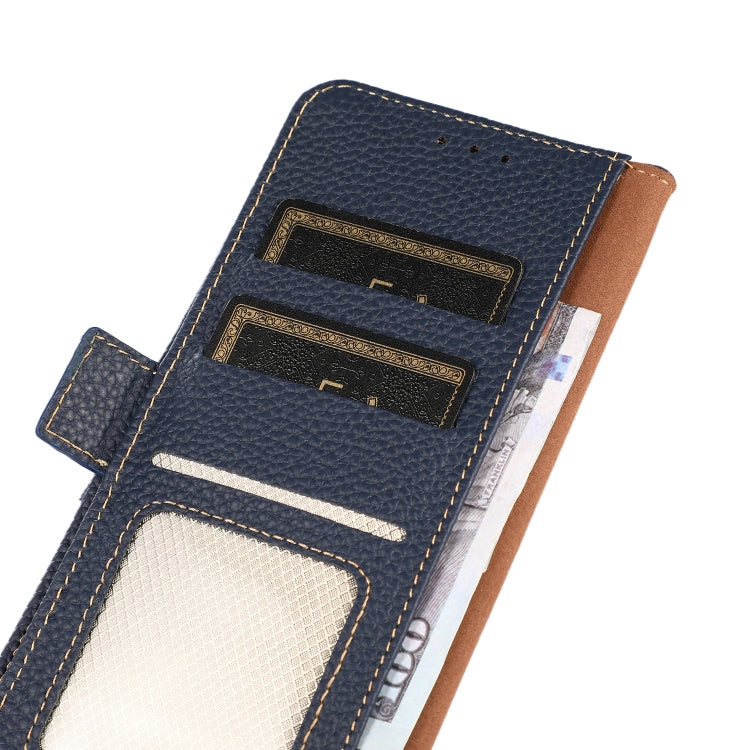 For iPhone 16 KHAZNEH Side-Magnetic Litchi Genuine Leather RFID Case(Blue)