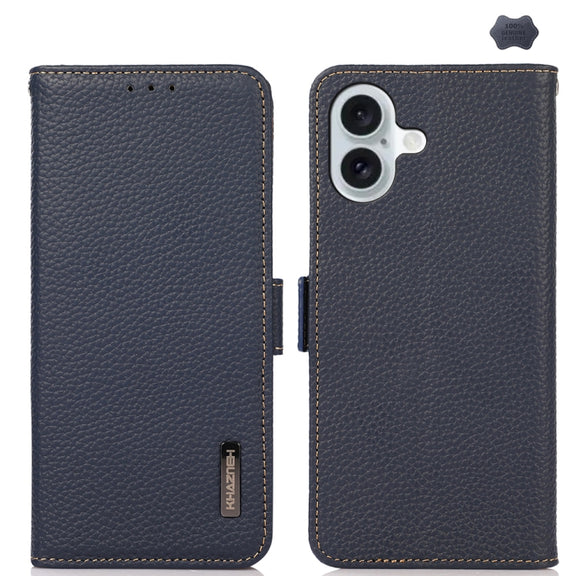 For iPhone 16 KHAZNEH Side-Magnetic Litchi Genuine Leather RFID Case(Blue)