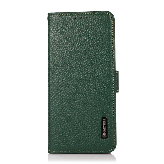 For iPhone 16 KHAZNEH Side-Magnetic Litchi Genuine Leather RFID Case(Green)