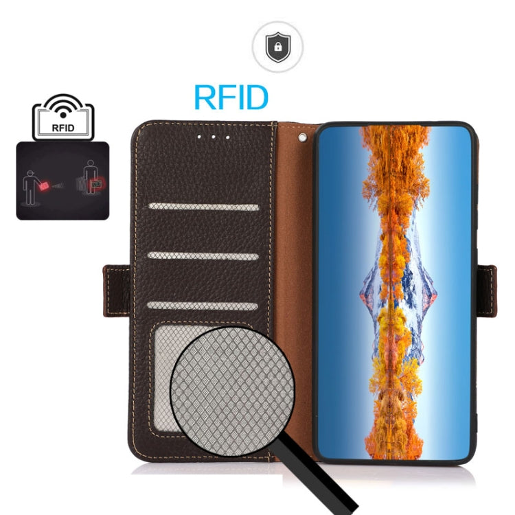 For iPhone 16 KHAZNEH Side-Magnetic Litchi Genuine Leather RFID Case(Brown)
