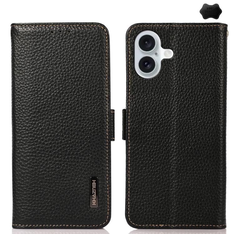 For iPhone 17 KHAZNEH Side-Magnetic Litchi Genuine Leather RFID Case(Black)