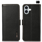 For iPhone 17 KHAZNEH Side-Magnetic Litchi Genuine Leather RFID Case(Black)