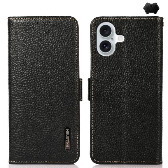 For iPhone 17 KHAZNEH Side-Magnetic Litchi Genuine Leather RFID Case(Black)