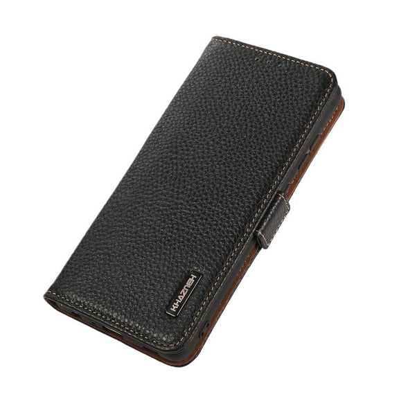 For iPhone 17 KHAZNEH Side-Magnetic Litchi Genuine Leather RFID Case(Black)
