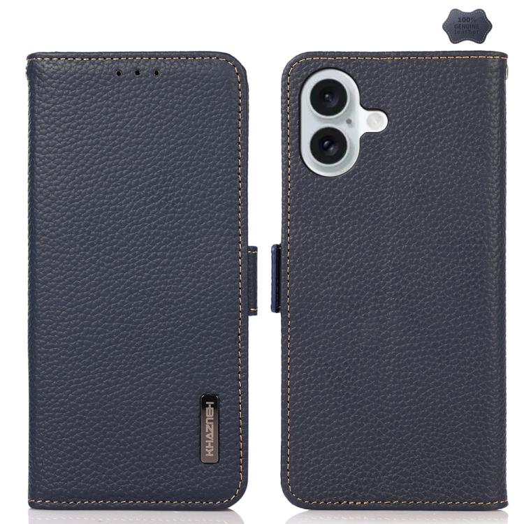For iPhone 17 KHAZNEH Side-Magnetic Litchi Genuine Leather RFID Case(Blue)