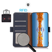 For iPhone 17 KHAZNEH Side-Magnetic Litchi Genuine Leather RFID Case(Blue)