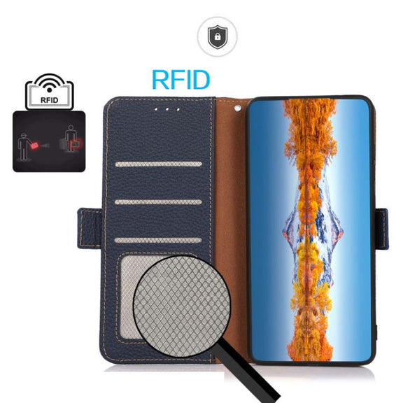 For iPhone 17 KHAZNEH Side-Magnetic Litchi Genuine Leather RFID Case(Blue)