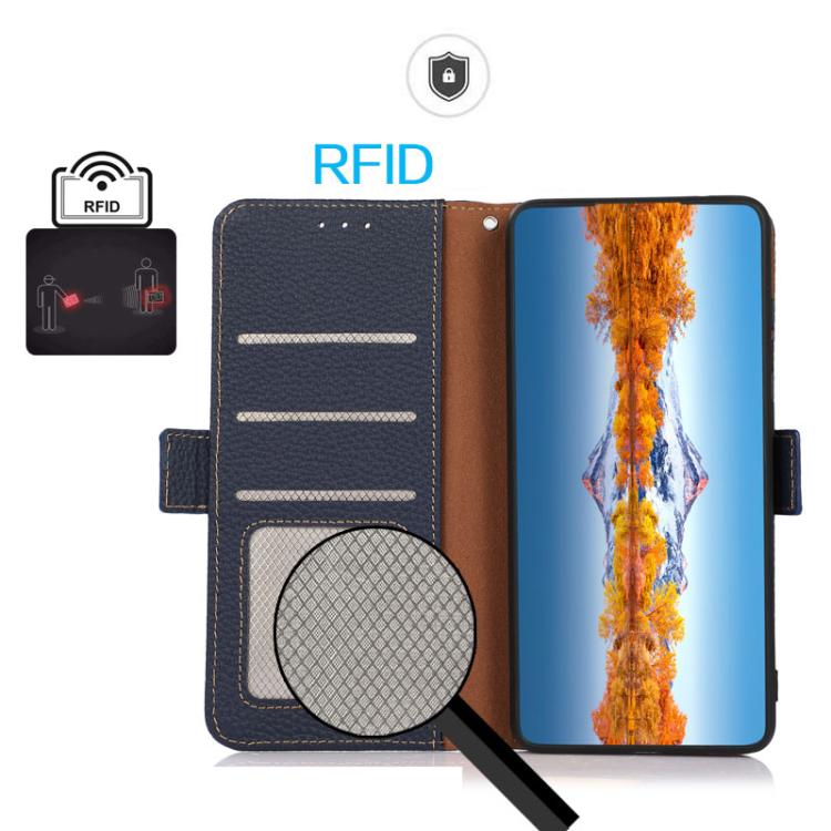 For iPhone 17 KHAZNEH Side-Magnetic Litchi Genuine Leather RFID Case(Blue)