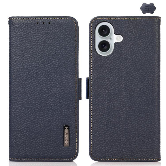 For iPhone 17 KHAZNEH Side-Magnetic Litchi Genuine Leather RFID Case(Blue)