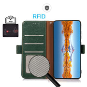 For iPhone 17 KHAZNEH Side-Magnetic Litchi Genuine Leather RFID Case(Green)