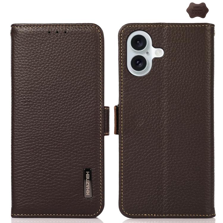 For iPhone 17 KHAZNEH Side-Magnetic Litchi Genuine Leather RFID Case(Brown)