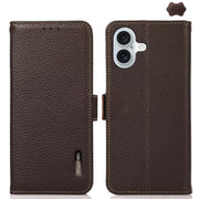For iPhone 17 KHAZNEH Side-Magnetic Litchi Genuine Leather RFID Case(Brown)