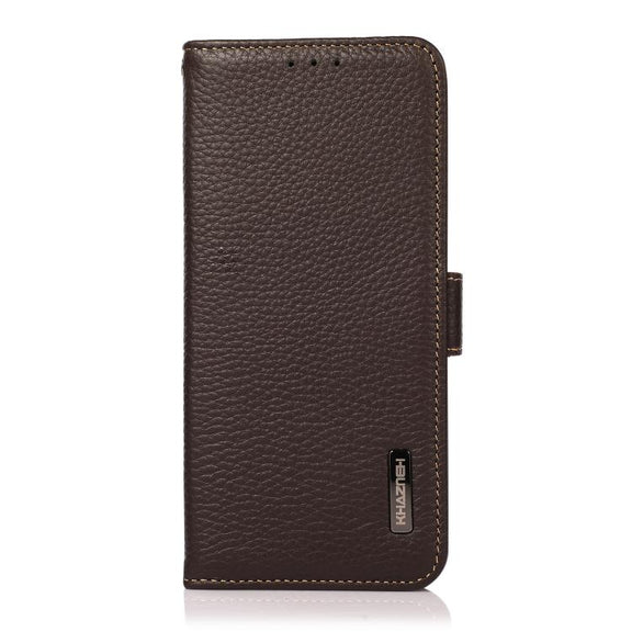 For iPhone 17 KHAZNEH Side-Magnetic Litchi Genuine Leather RFID Case(Brown)