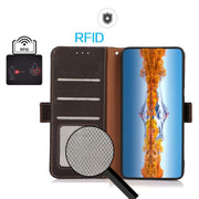 For iPhone 17 KHAZNEH Side-Magnetic Litchi Genuine Leather RFID Case(Brown)