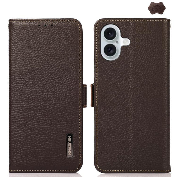 For iPhone 17 KHAZNEH Side-Magnetic Litchi Genuine Leather RFID Case(Brown)