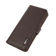 For iPhone 17 KHAZNEH Side-Magnetic Litchi Genuine Leather RFID Case(Brown)