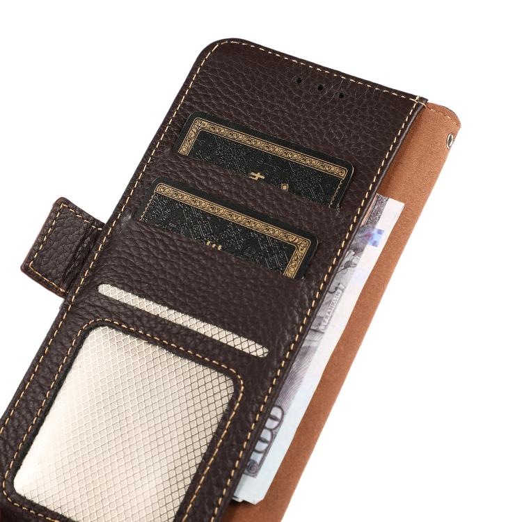 For iPhone 17 KHAZNEH Side-Magnetic Litchi Genuine Leather RFID Case(Brown)