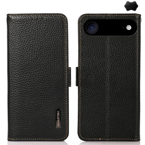 For iPhone 17 Air KHAZNEH Side-Magnetic Litchi Genuine Leather RFID Case(Black)