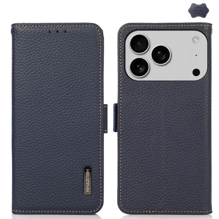 For iPhone 17 Pro KHAZNEH Side-Magnetic Litchi Genuine Leather RFID Case(Blue)