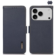 For iPhone 17 Pro KHAZNEH Side-Magnetic Litchi Genuine Leather RFID Case(Blue)