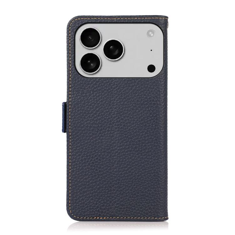 For iPhone 17 Pro KHAZNEH Side-Magnetic Litchi Genuine Leather RFID Case(Blue)