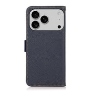 For iPhone 17 Pro KHAZNEH Side-Magnetic Litchi Genuine Leather RFID Case(Blue)
