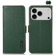 For iPhone 17 Pro KHAZNEH Side-Magnetic Litchi Genuine Leather RFID Case(Green)