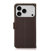 For iPhone 17 Pro KHAZNEH Side-Magnetic Litchi Genuine Leather RFID Case(Brown)