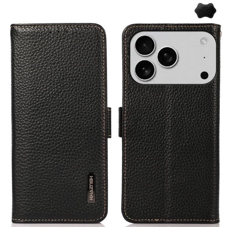 For iPhone 17 Pro Max KHAZNEH Side-Magnetic Litchi Genuine Leather RFID Case(Black)