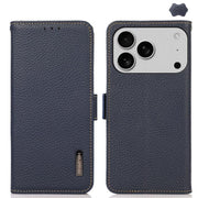 For iPhone 17 Pro Max KHAZNEH Side-Magnetic Litchi Genuine Leather RFID Case(Blue)