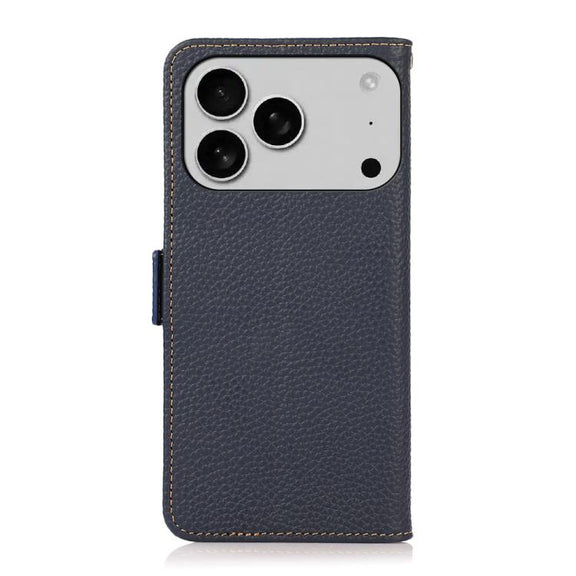 For iPhone 17 Pro Max KHAZNEH Side-Magnetic Litchi Genuine Leather RFID Case(Blue)