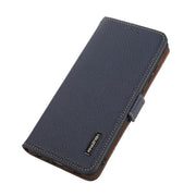 For iPhone 17 Pro Max KHAZNEH Side-Magnetic Litchi Genuine Leather RFID Case(Blue)